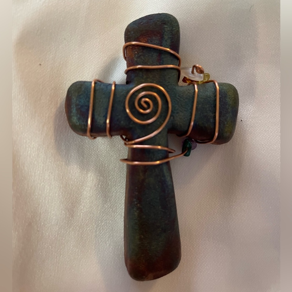 Signed Jeremy Diller Raku Copper Wire Wrapped Sacred Cross.